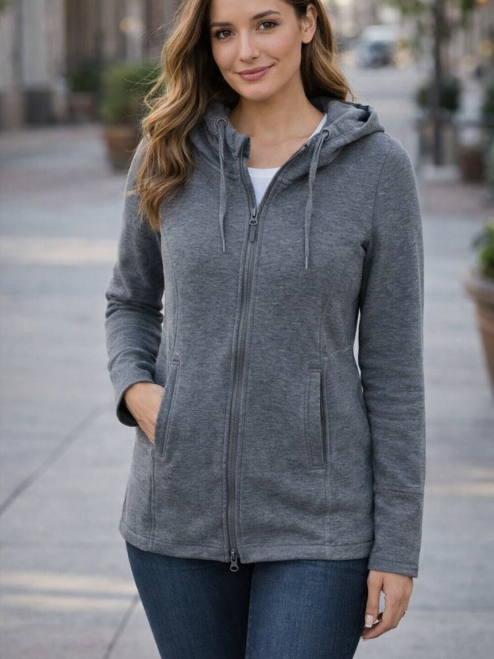 Women’s Hooded Long Zip Jacket - Gray